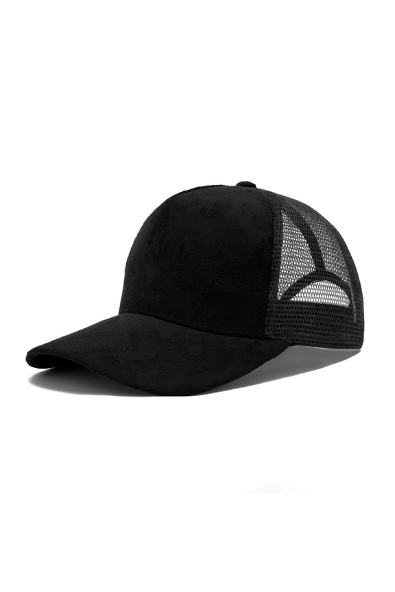 Suede Mesh Baseball Cap, Breathable Snapback Trucker Cap, 5-Panel Unisex Adjustable Sports Hat for Outdoor - Black