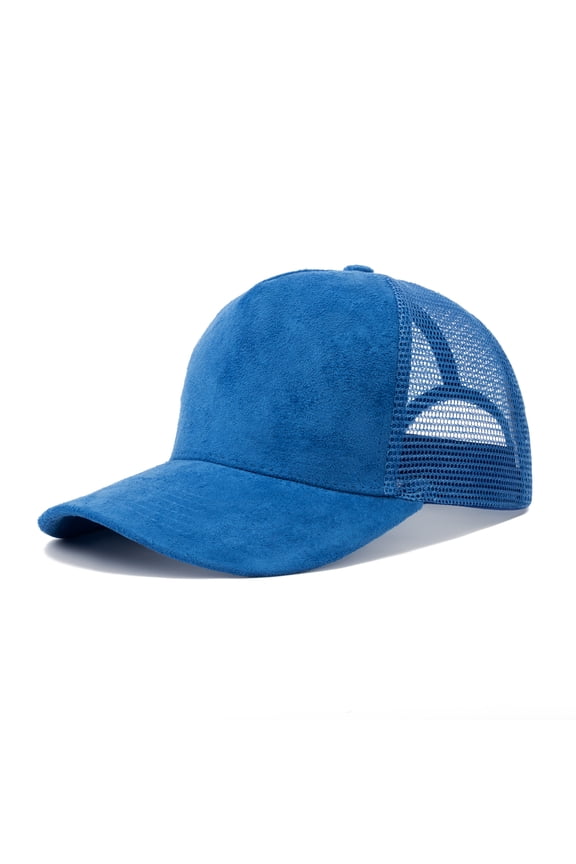 Suede Mesh Baseball Cap, Breathable Snapback Trucker Cap, 5-Panel Unisex Adjustable Sports Hat for Outdoor - Blue