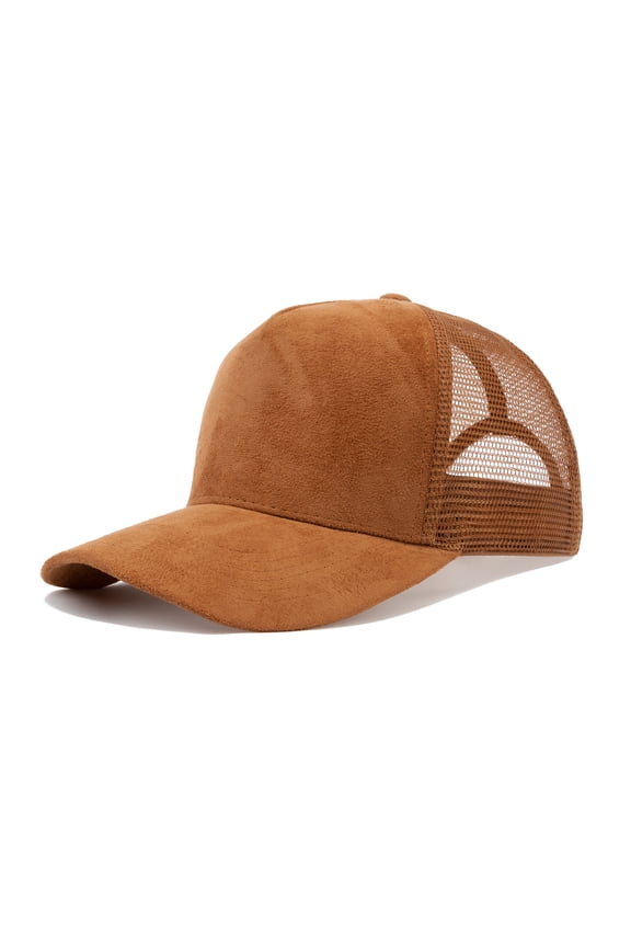 Suede Mesh Baseball Cap, Breathable Snapback Trucker Cap, 5-Panel Unisex Adjustable Sports Hat for Outdoor - Brown