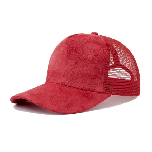 TOPTIE Suede Mesh Baseball Cap, Breathable Snapback Trucker Cap, 5-Panel Unisex Adjustable Sports Hat for Outdoor - Red