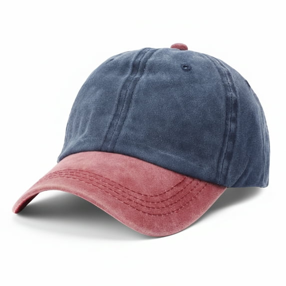 TOPTIE Two Tone Denim Baseball Cap 6 Panel Washed Cotton Unisex Sun Hat-Maroon-Navy