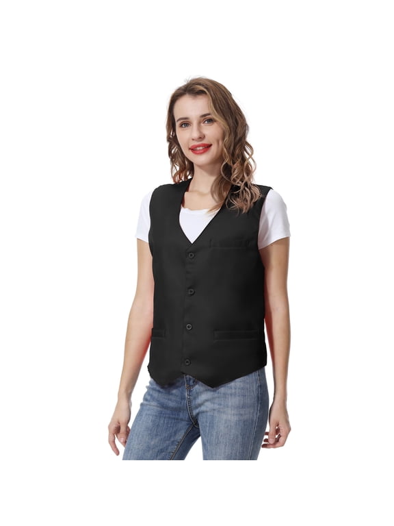 Unisex Button Vest Work Wear Uniform Vest-Black-XL