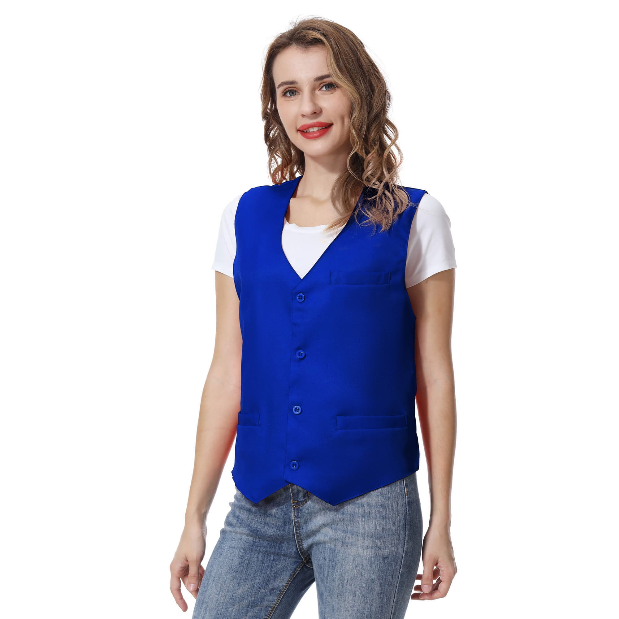 TOPTIE Unisex Button Vest Work Wear Uniform Vest-Blue-M
