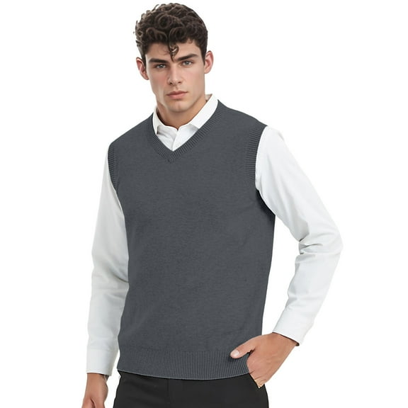 TOPTIE V-Neck Vest Uniform Men's Knitted Cotton Sweater Vest Sleeveless School Knitwear-Charcoal-XL