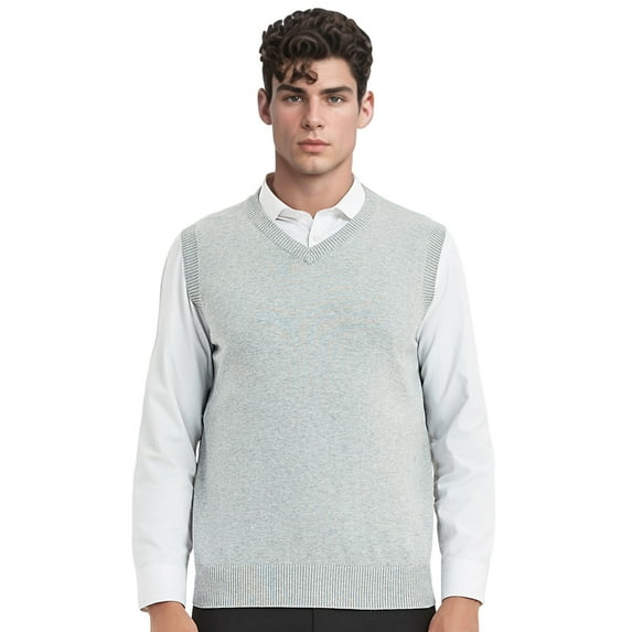 TOPTIE V-Neck Vest Uniform Men's Knitted Cotton Sweater Vest Sleeveless School Knitwear-Light Gray-M