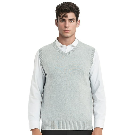 TOPTIE V-Neck Vest Uniform Men's Knitted Cotton Sweater Vest Sleeveless School Knitwear-Light Gray-XL