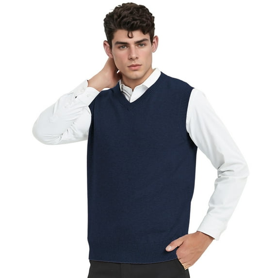 TOPTIE V-Neck Vest Uniform Men's Knitted Cotton Sweater Vest Sleeveless School Knitwear-Navy-M