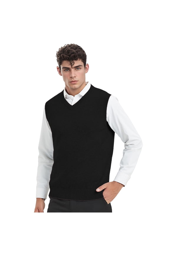V-Neck Vest Uniform Men's Knitted Cotton Sweater Vest Sleeveless School Knitwear-Solid Black-L