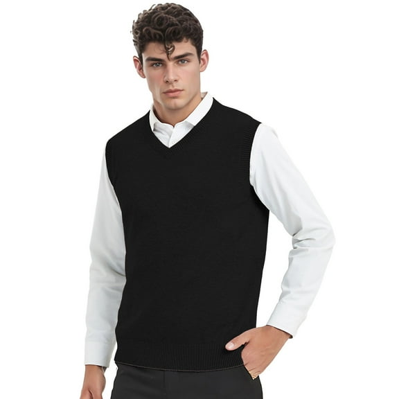 TOPTIE V-Neck Vest Uniform Men's Knitted Cotton Sweater Vest Sleeveless School Knitwear-Solid Black-M