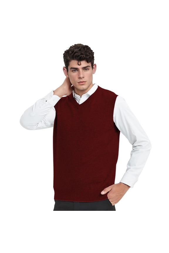 V-Neck Vest Uniform Men's Knitted Cotton Sweater Vest Sleeveless School Knitwear-Wine Red-XL