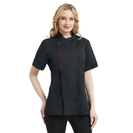 TOPTIE Women's Chef Coat With Contrast Piping Short Sleeve Chef Jacket