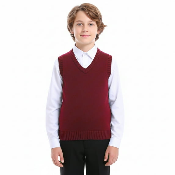 TOPTIE Youth Unisex V-Neck Sweater Vest-Burgundy-L