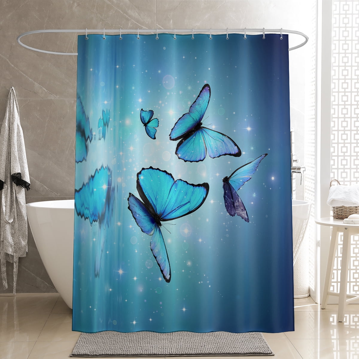 TOPTREE Aqua Blue Butterfly Waterproof Fabric Shower Stall Curtain