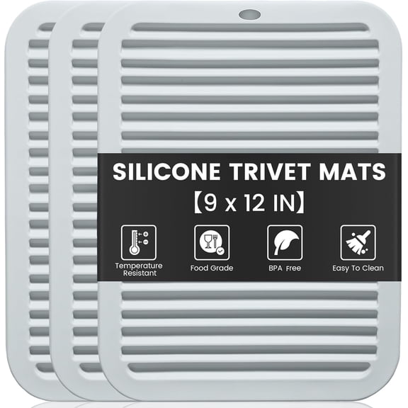 TOPULORS 3 PCS Silicone Trivets for Pots and Pans 9"x12" Heat Resistant Mat Hot Pads for Kitchen Quartz Countertops - Dish Drying Mat Non-Slip Potholders Pot Holders Trivets for Hot Dishes - Gray