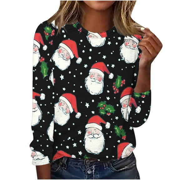 TOPUUTP Christmas Tshirts for Women Xmas Print Tops Xmas Holiday Loose Casual Blouses Shirts Round Neck Graphic Tees Tops Crew Neck T-Shirt Black Womens Gifts for Christmas