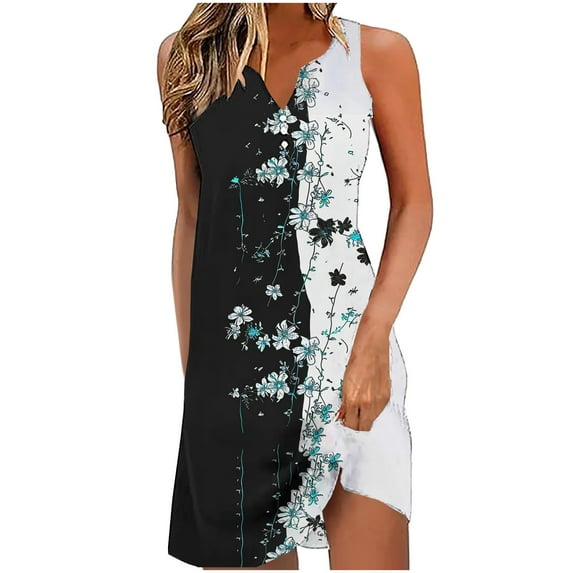 TOPUUTP Clearance Summer Dresses for Women 2025 Trendy Sleeveless Floral Printed V-Neck Dresses A-Line Loose Boho Elegant Summer Casual Beach Dress L