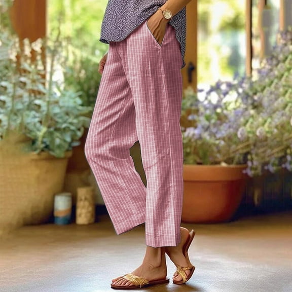 TOPUUTP Linen Pants Women, Pink - Womens Striped Cotton Loose Plus Size Drawstring Waist Wide Leg Casual Summer Lounge Trousers Flowy Solid Elastic Waist Pants with Pockets
