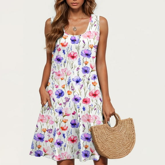 TOPUUTP Summer Dress for Women Under $10 Loose Crew Neck A-Line Flowy Pockets Swimsuit Coverup Floral Print Tank Sleeveless Spring Party Beach Dresses Purple L