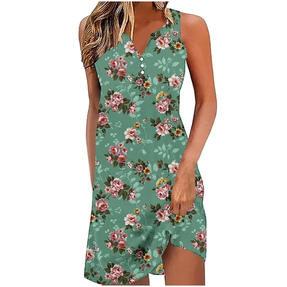 TOPUUTP Summer Dress for Women Sleeveless Elegant A-Line Spring Dresses Loose Boho V-Neck Floral Printed Travel Beach Sundress M
