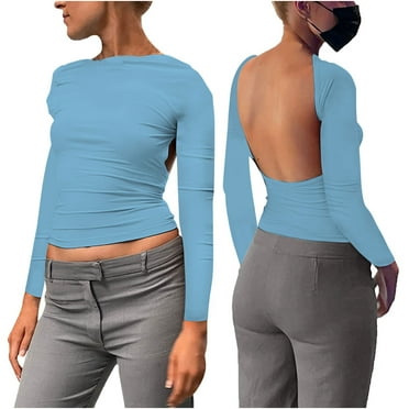 TOPUUTP Women Sexy Backless Short Sleeve Slim Fits Crewneck Summer Casual Crop Tee