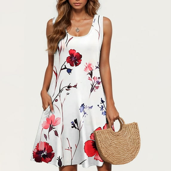 TOPUUTP Womens Summer Dress Sleeveless Loose Crew Neck Floral Print Casual Spring Dresses Vacation Flowy Pockets Tank Swimsuit Coverup A-Line Dress White XL