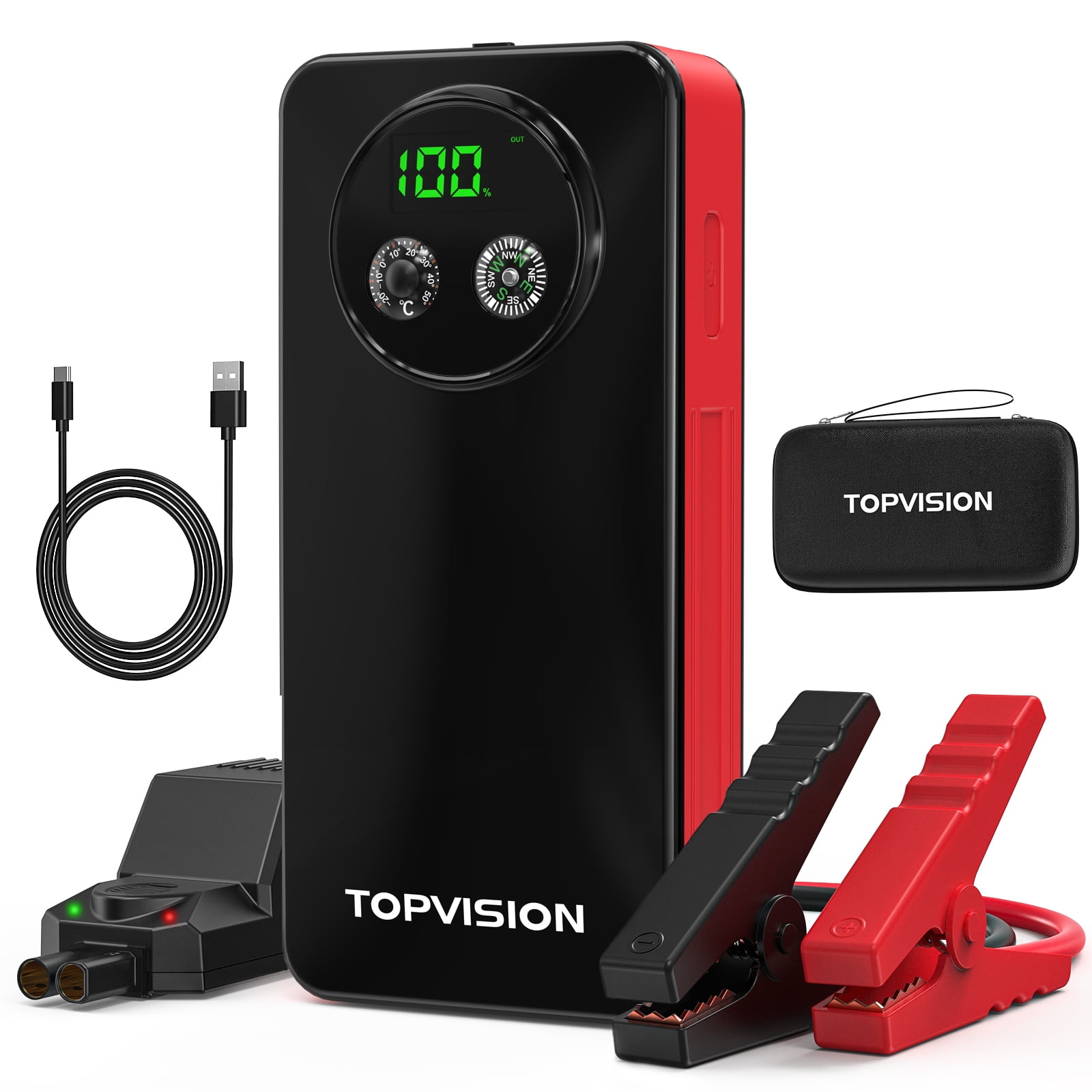 Topvision 2500A Car Jump Starter Powerful Car Jump Starter with Dual USB Quick Charge and DC Output,12V Jump Pack with Built-In LED Bright Light, Red