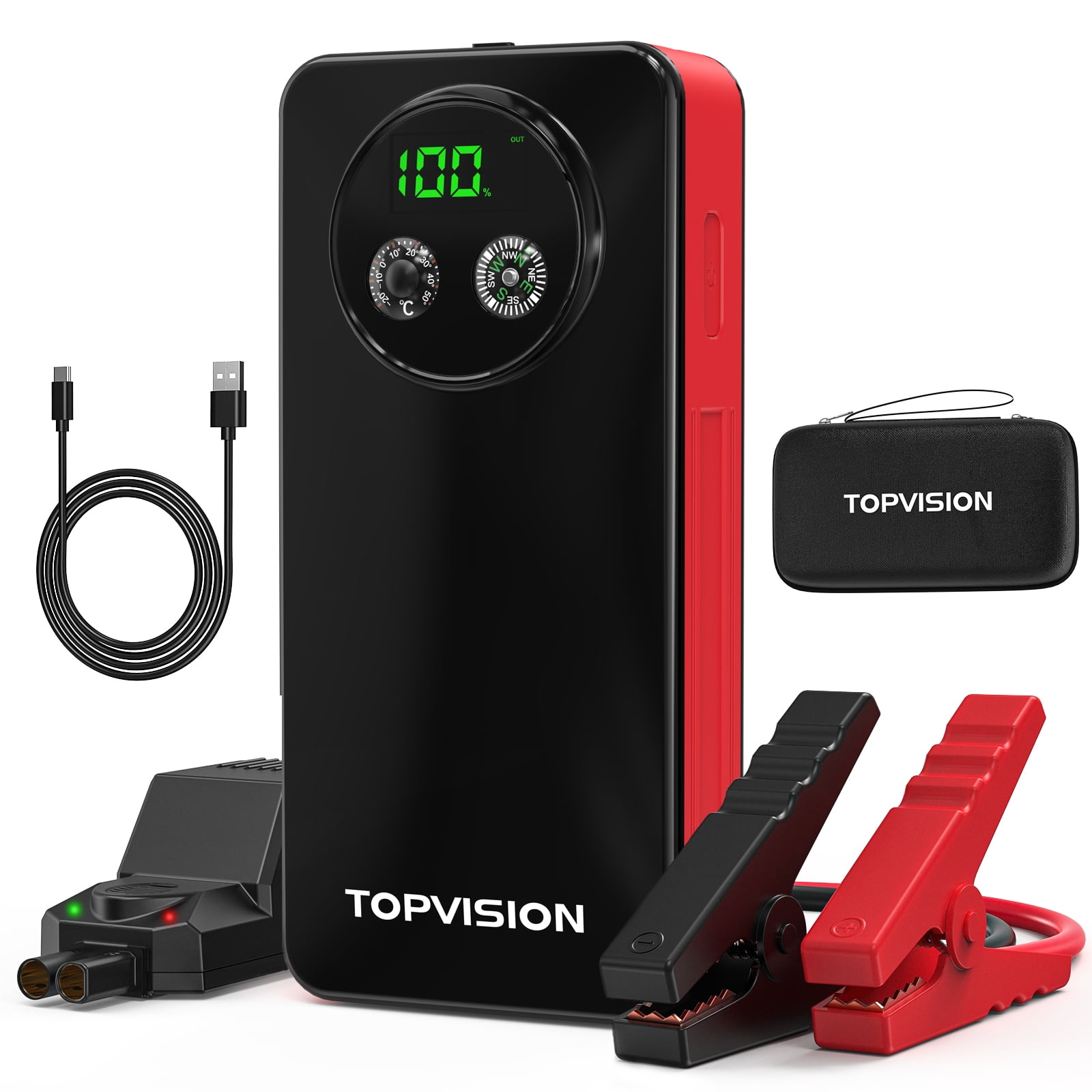 TOPVISION 2500A Car Jump starter Powerful Car Jump Starter with Dual USB  Quick Charge and DC Output,12V Jump Pack with Built-in LED Bright Light 