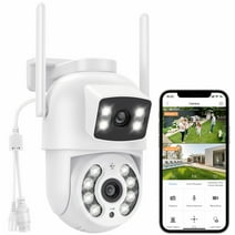 TOPVISION Dual Lens Security Camera Outdoor, 6MP Dual Lens Smart Linkage,  IP66 Waterproof 2.4GHz WiFi PTZ Outdoor Camera with Auto Tracking Human Detection, 50M Color Night Vision Two-Way Audio