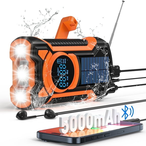 TOPVISION 5000mAh Emergency Radio, AM/FM/NOAA Weather Radio with Bluetooth/Headphone jack, USB/Solar/Hand Crank Charging, Waterproof Flashlight, SOS Alarm for Camping Hiking Travel Hurricane