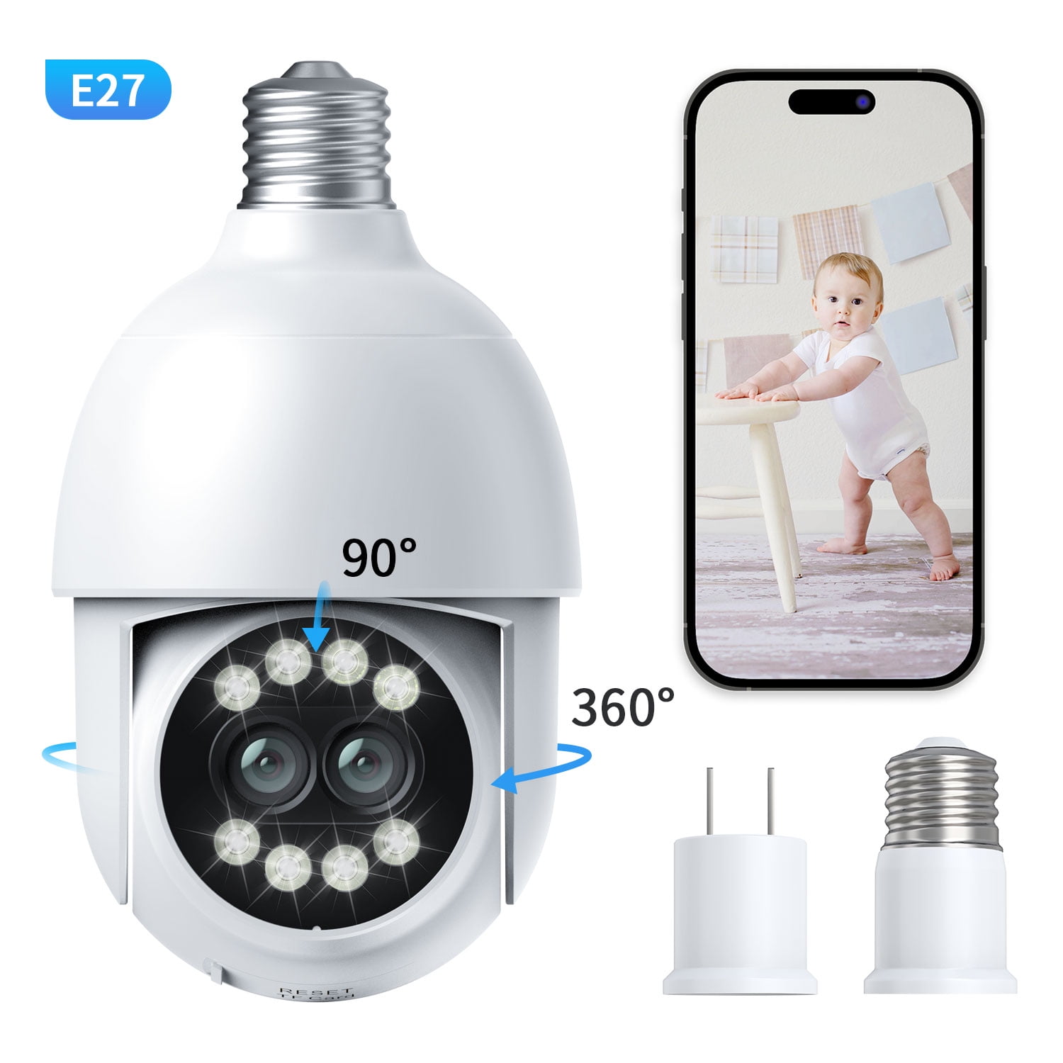 Dual Lens Security Camera,10X Zoom Light Bulb Camera, 2.4Ghz Pan