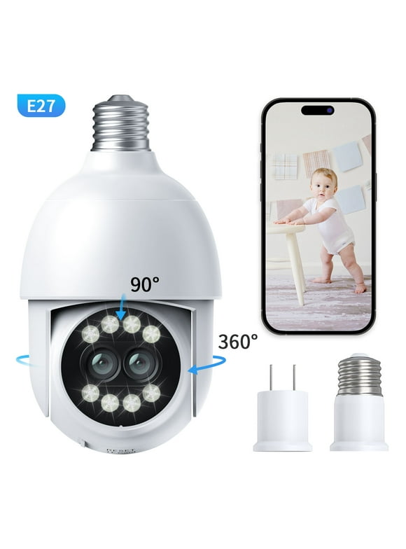 TOPVISION Light Bulb Camera, 4MP Security Camera Wireless Wifi with Dual Lens, 360°PTZ Security Cameras Outdoor with Full Color Night Vision, Two Way Audio, IP66 Weatherproof, 2.4GHz Wifi