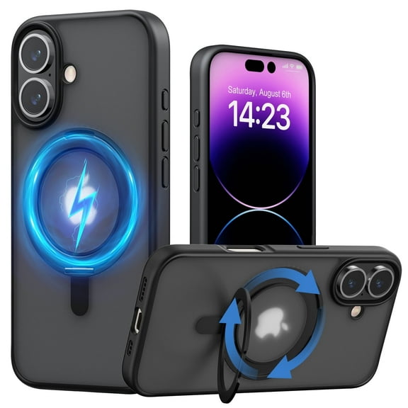 TOPVISION Magnetic Case for iPhone 16, iPhone Case with Ring Stand, Shockproof Anti-Fingerprint Compatible MagSafe (Black)