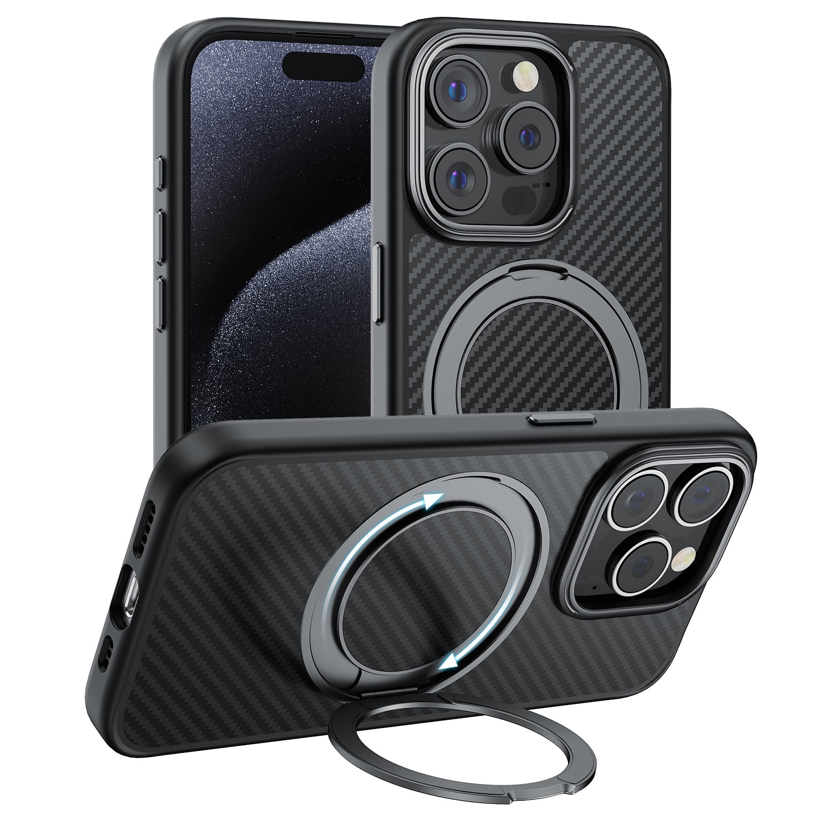 TOPVISION Magnetic Phone Case for iPhone 15 Pro, Kevlar Case with Ring Stand, MagSafe Compatible