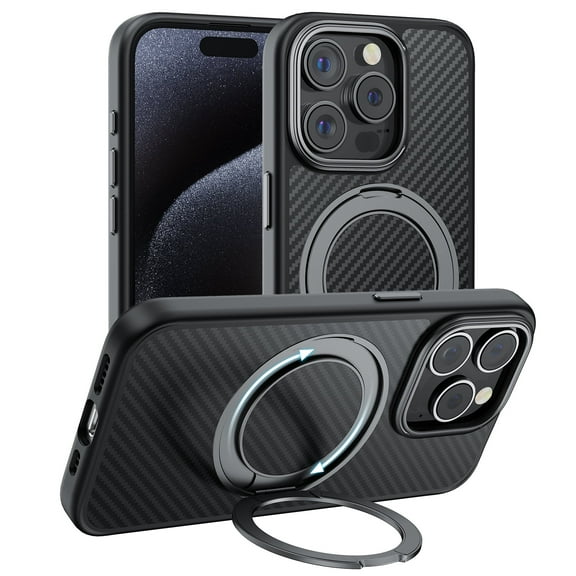 TOPVISION Magnetic Phone Case for iPhone 15 Pro, Kevlar Case with Ring Stand, MagSafe Compatible