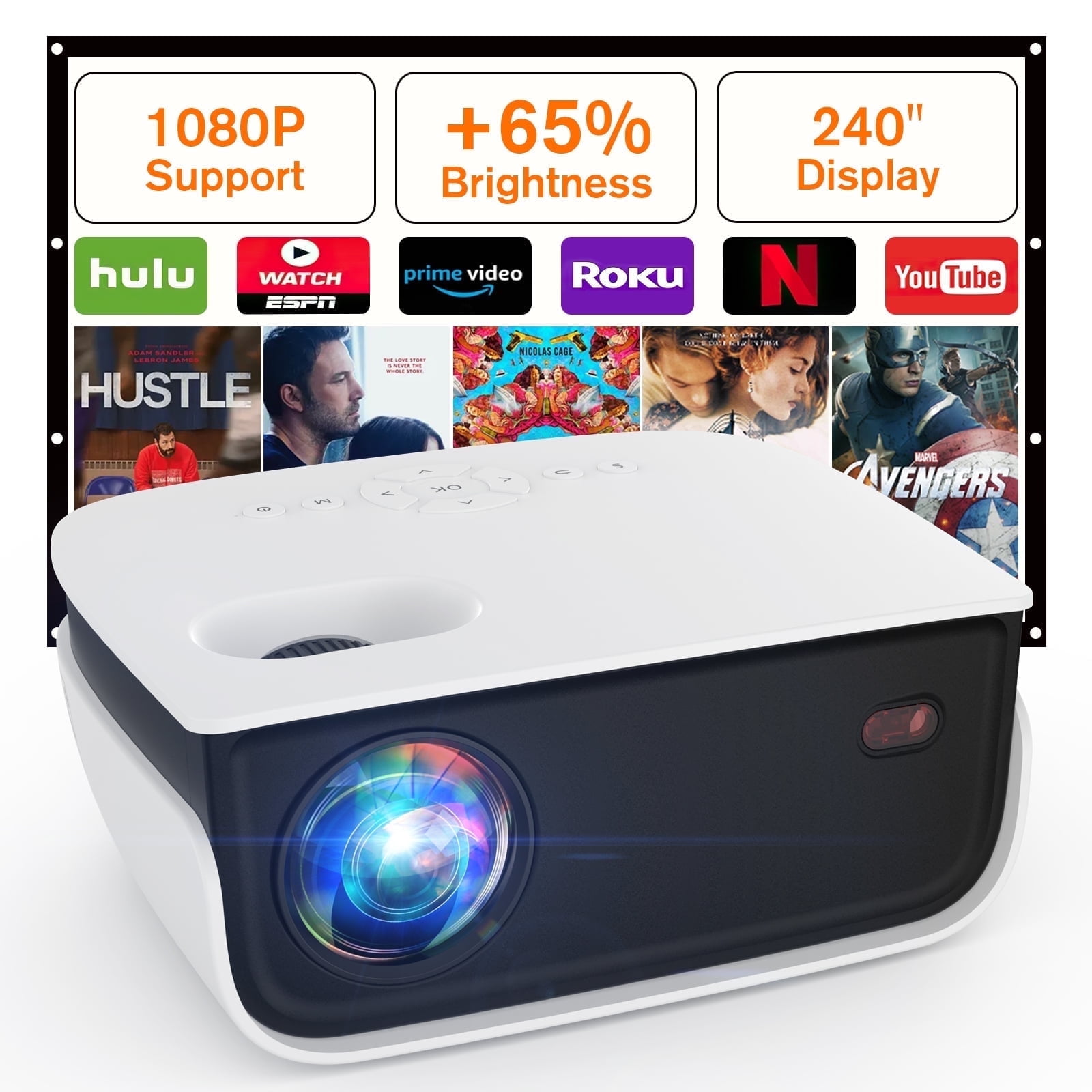 TOPVISION Mini Projector, 720P Portable Outdoor Projector with Tripod, Full HD Home Theater Projector Compatible with HDMI/VGA/USB/TF/AV