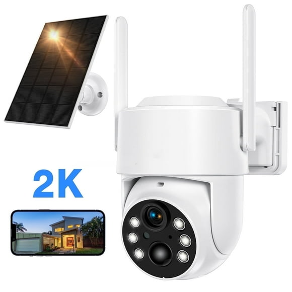 TopVision Outdoor Surveillance Camera, 360° Pan & Tilt, 2K Resolution, Weatherproof, Solar Panel, White