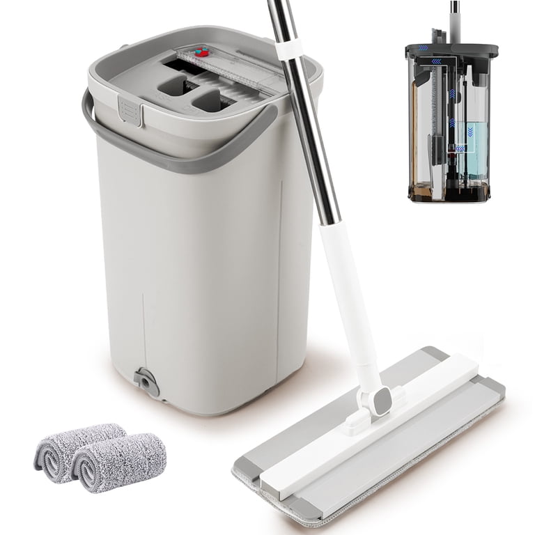 Pure Clean Magic Mop, grote platte mop met uitwringfunctie en herbruikbare microvezelpads, Pure Clean vloerset (opvouwbare dweil, wit