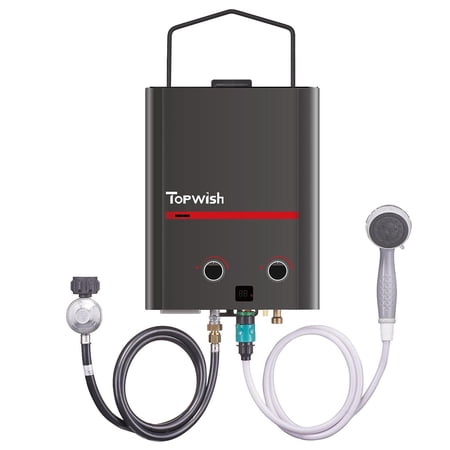 1.32 GPM 5L Portable Tankless Propane Water Heater with Handle for RV, Camping, Barns, Trips Boat Cabins, Black(Without Battery)