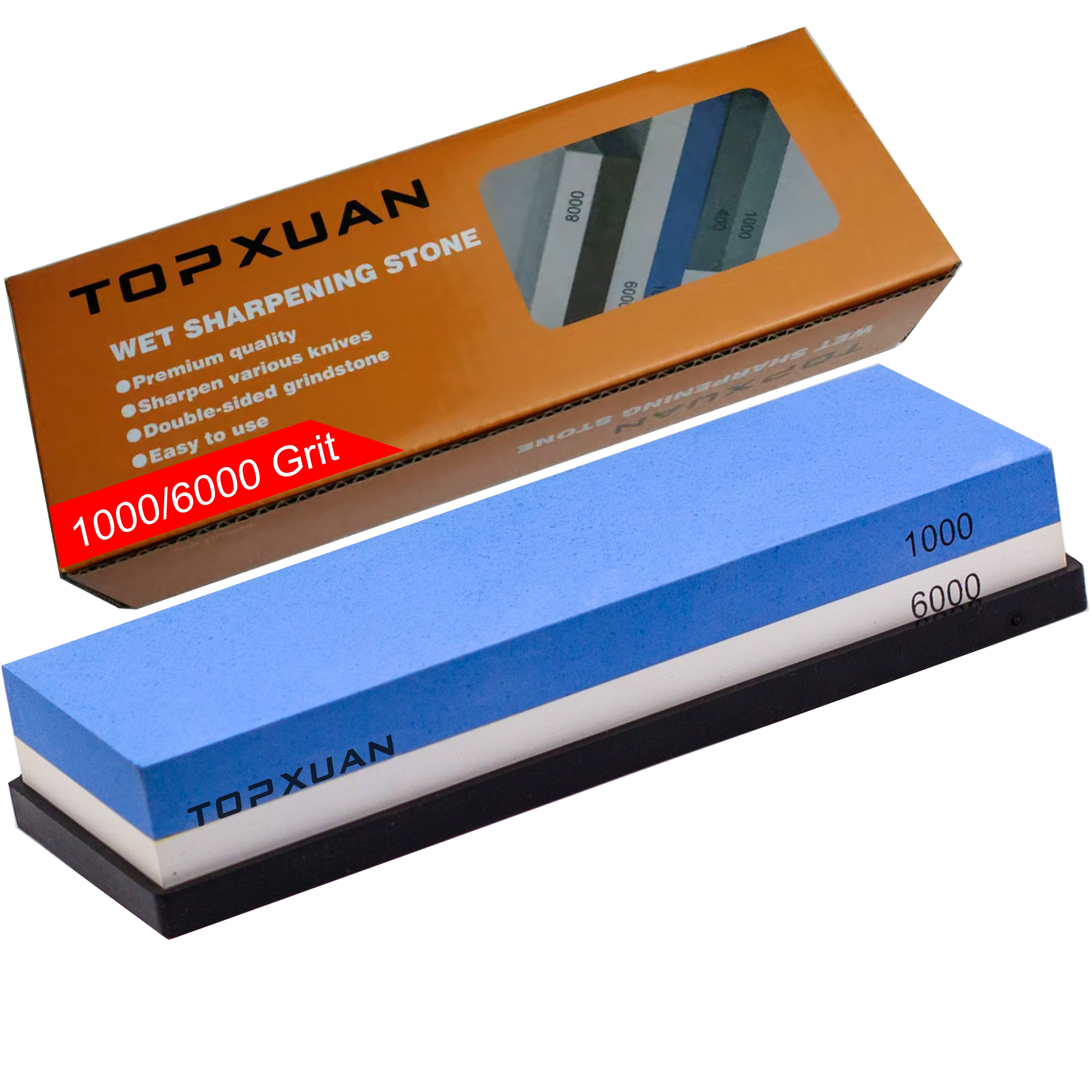TOPXUAN Knife Sharpening Stone 1000/6000 Grit 2 Sided Sharpener Whetstone,Professional Wetstone for Kitchen Knives Sharpener with Non-Slip Rubber,Orange Color Box Package