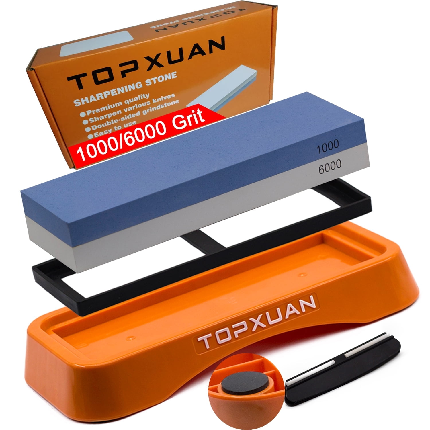 TOPXUAN Knife Sharpening Stone 2 Sided 1000/6000 Grit sharpener Waterstone,Professional Kitchen Whetstone with Orange Plastic Base,Non-slip Rubber and Angle Guide