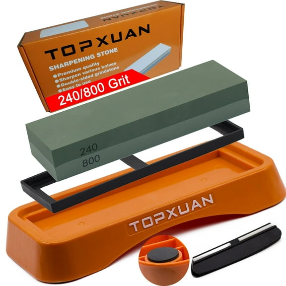 TOPXUAN Knife Sharpening Stone 2 Sided 240/800 Grit Sharpener Waterstone,Professional Kitchen Whetstone with Orange Plastic Base,Non-Slip Rubber and Angle Guide