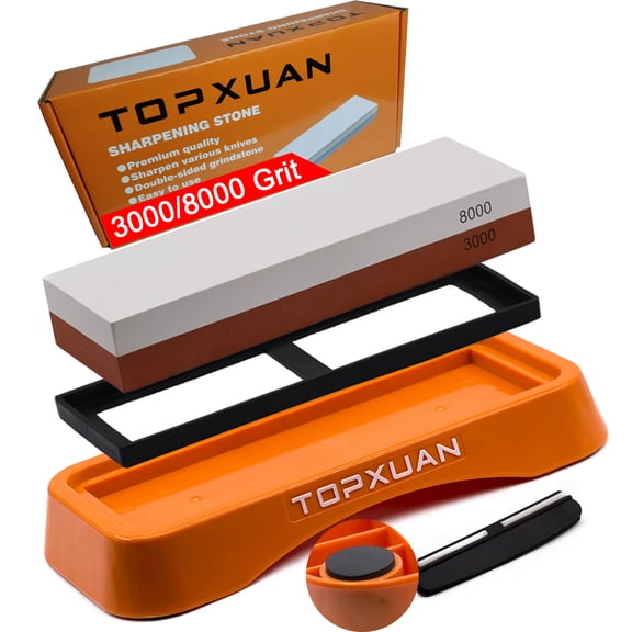 TOPXUAN Knife Sharpening Stone 2 Sided 240/800 Grit Sharpener Waterstone,Professional Kitchen Whetstone with Orange Plastic Base,Non-slip Rubber and Angle Guide
