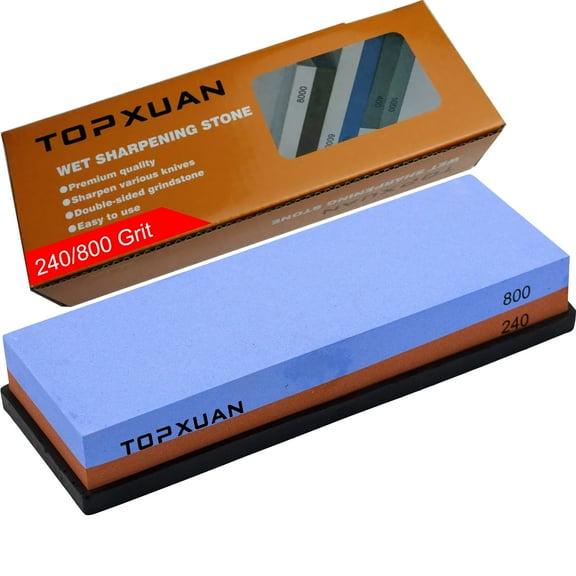 TOPXUAN Knife Sharpening Stone 240/800 Grit 2 Sided Sharpener Whetstone,Professional Wetstone for Kitchen Knives Sharpener with Non-Slip Rubber,Orange Color Box Package