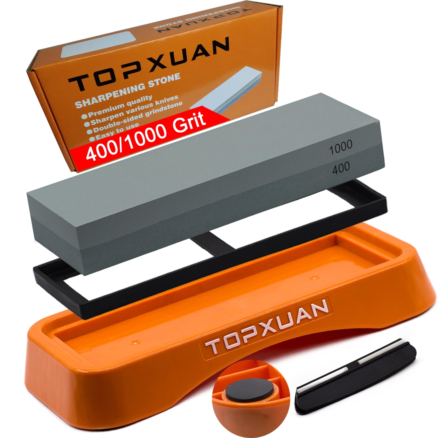 TOPXUAN Knife Sharpening Stone Sided 400/1000 Grit sharpener Waterstone,Professional Kitchen Whetstone with Orange Plastic Base, Non-slip Rubber and Angle Guide