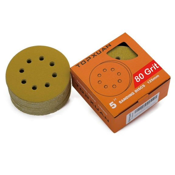TOPXUAN Orbital Sander Sandpaper 5 Inch 8 Holes 80 Grit Sanding disc,Hook and Loop Wet/Dry Gold Replacement Pads,Suitable for Wood,Plastic Grinding and Polishing,Pack of 50
