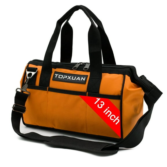 TOPXUAN Tool Bag 13 Inch Waterproof Orange Tool Organizer with Wide Mouth and Shoulder Strap for Power and Small Hand Tools Oxford Cloth Fabric(5 pockets)