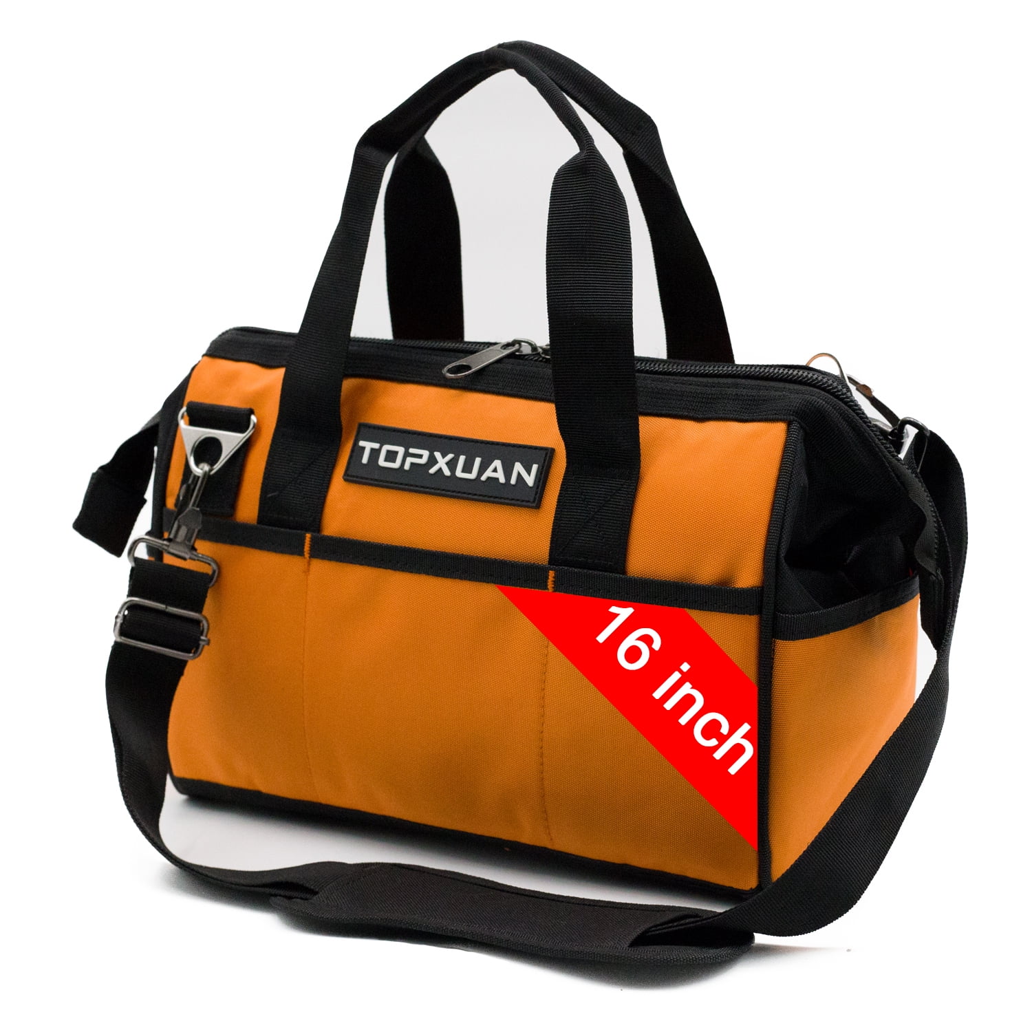 TOPXUAN Tool Bag 16 Inch Molded Plastic Base Heavy Duty Waterproof Orange Tool Organizer Wide Mouth With Shoulder Strap for Power Tools and Hand Tools Oxford Cloth Fabric (16 Pockets)