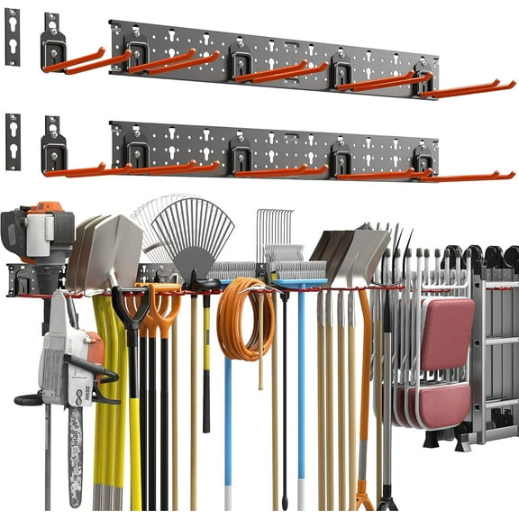 TORACK Garden Tool Organizer Wall Mount, Garage Folding Chair Storage Rack, Tools Rack for Shovels, Rakes, Broom, Ladders, Hooks Keyhole Style Shelving Unit
