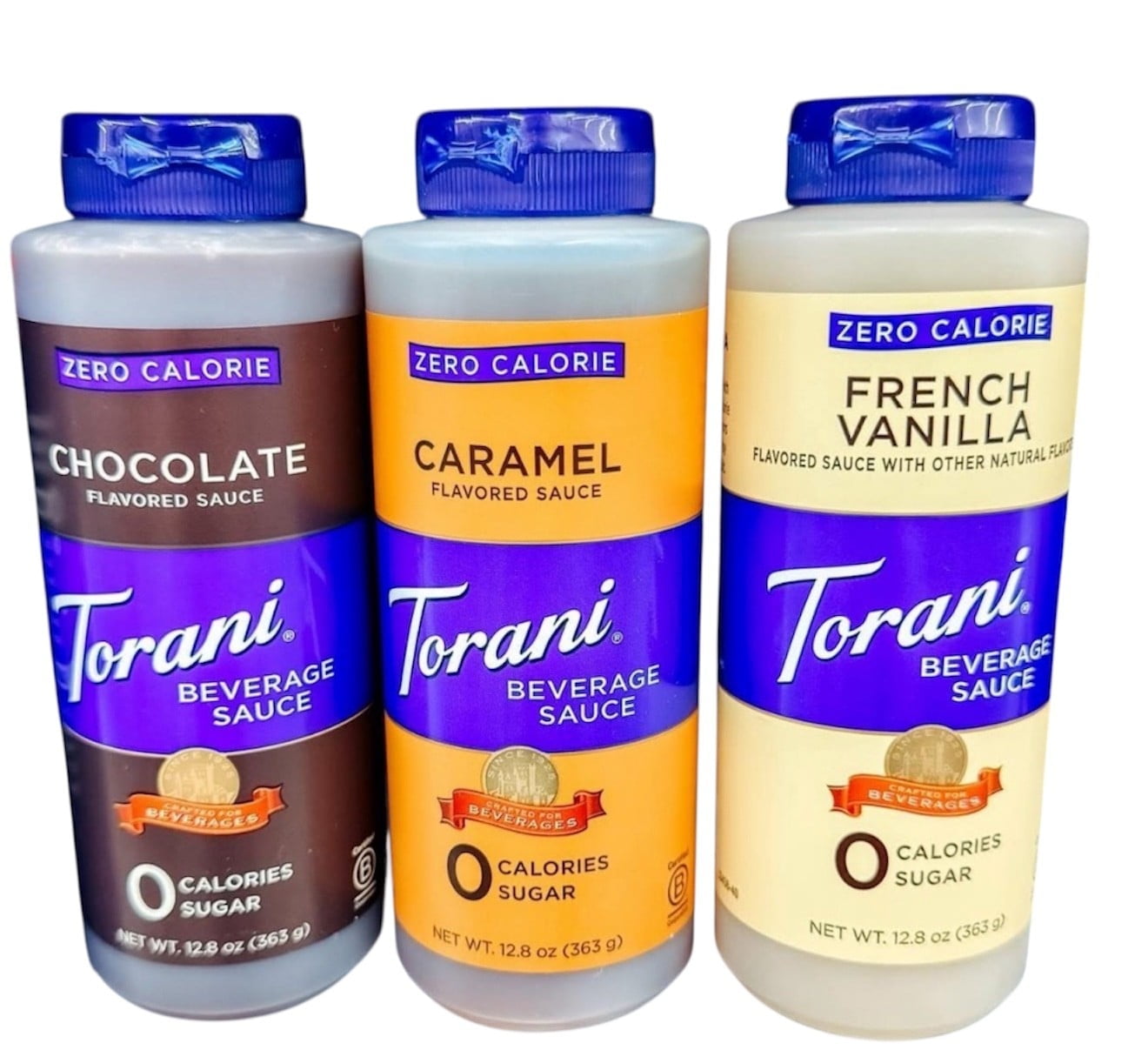 TORANI BEVERAGE SAUCE SYRUPS, VARIETY PACK , 3 BOTTLES CARAMEL , CHOCALATE, FRENCH VANILLA