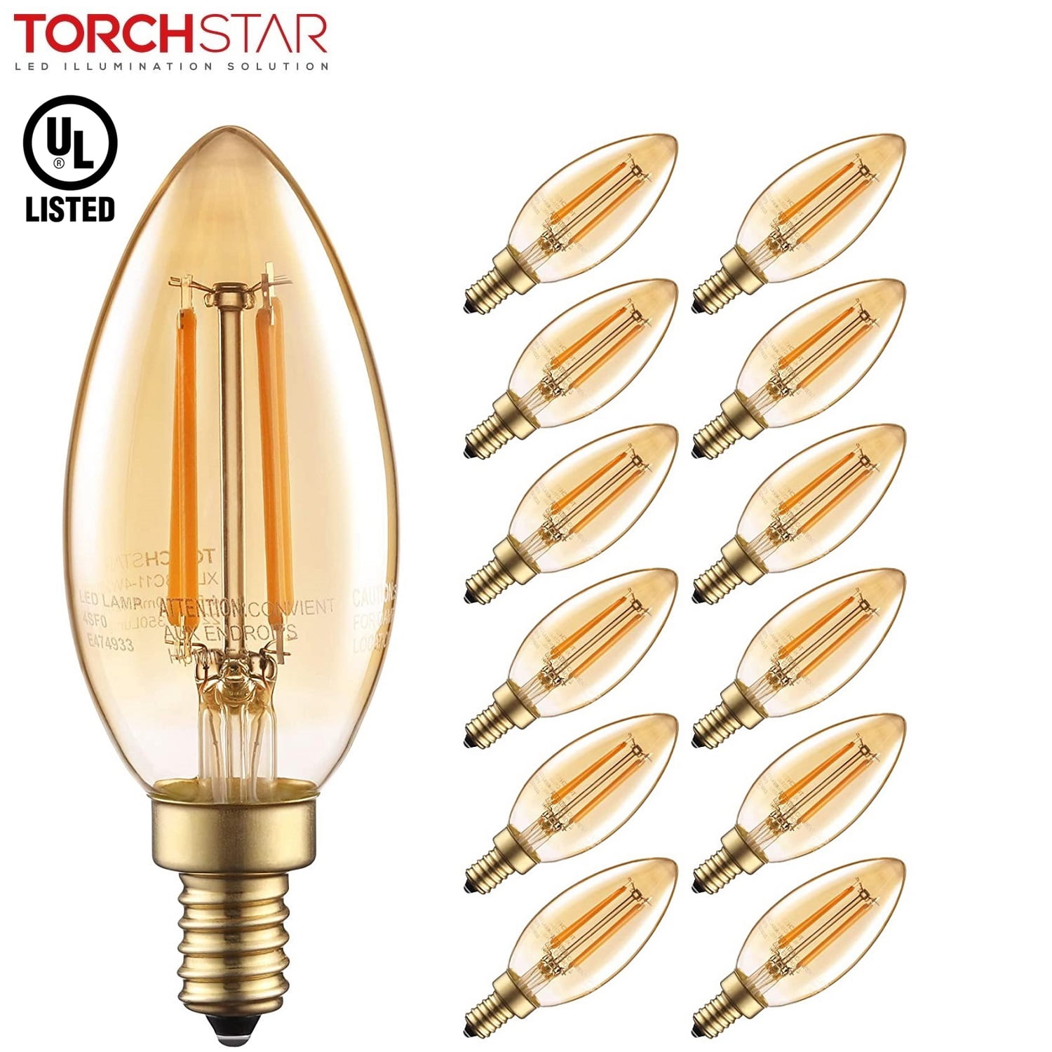 TORCHSTAR 12 Pack 4.5W Dimmable LED Candelabra Light Bulb 40W Eqv. B11 C11 Classic Chandelier Bulb UL Listed E12 Base Omni Directional LED Vintage Cand 3 Years Warranty 2200K Candlelight Walmart